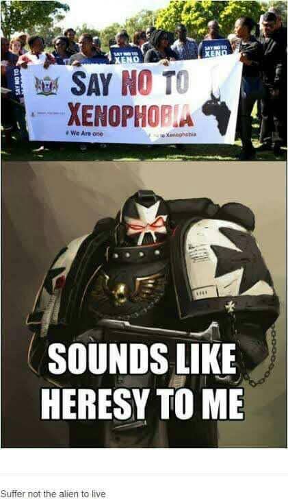 The image is a two-panel meme. The top panel shows a group of people holding a banner that reads 'SAY NO TO XENOPHOBIA' with…