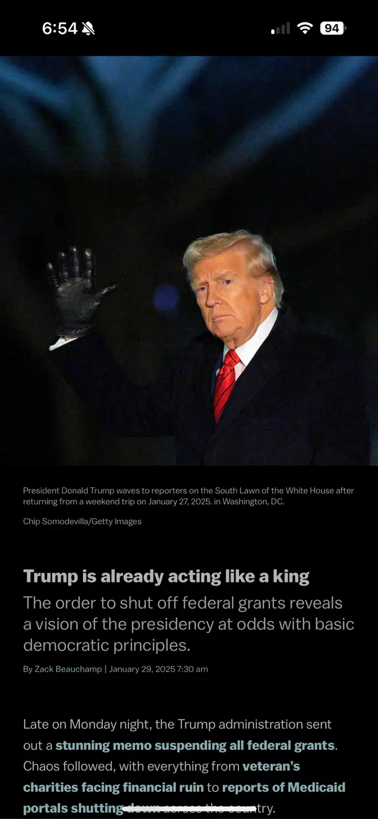 A screenshot of a news article shows a photo of Donald Trump waving with a gloved hand, wearing a dark suit and red tie. The…