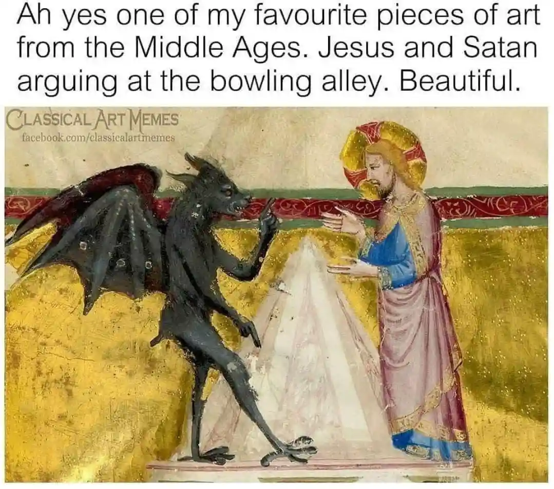 A medieval-style painting depicts Jesus, with a golden halo and regal robes, standing beside a demonic figure with bat-like…