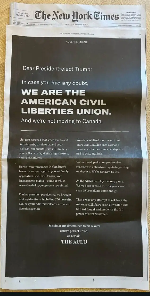 A newspaper advertisement from The New York Times dated November 8, 2024, features a black-and-white ad from the American…