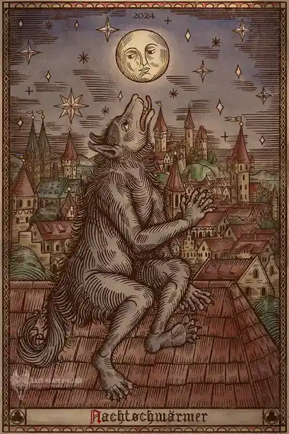 An illustrated image depicts a large, anthropomorphic werewolf sitting atop a tiled roof, howling upwards at a personified…