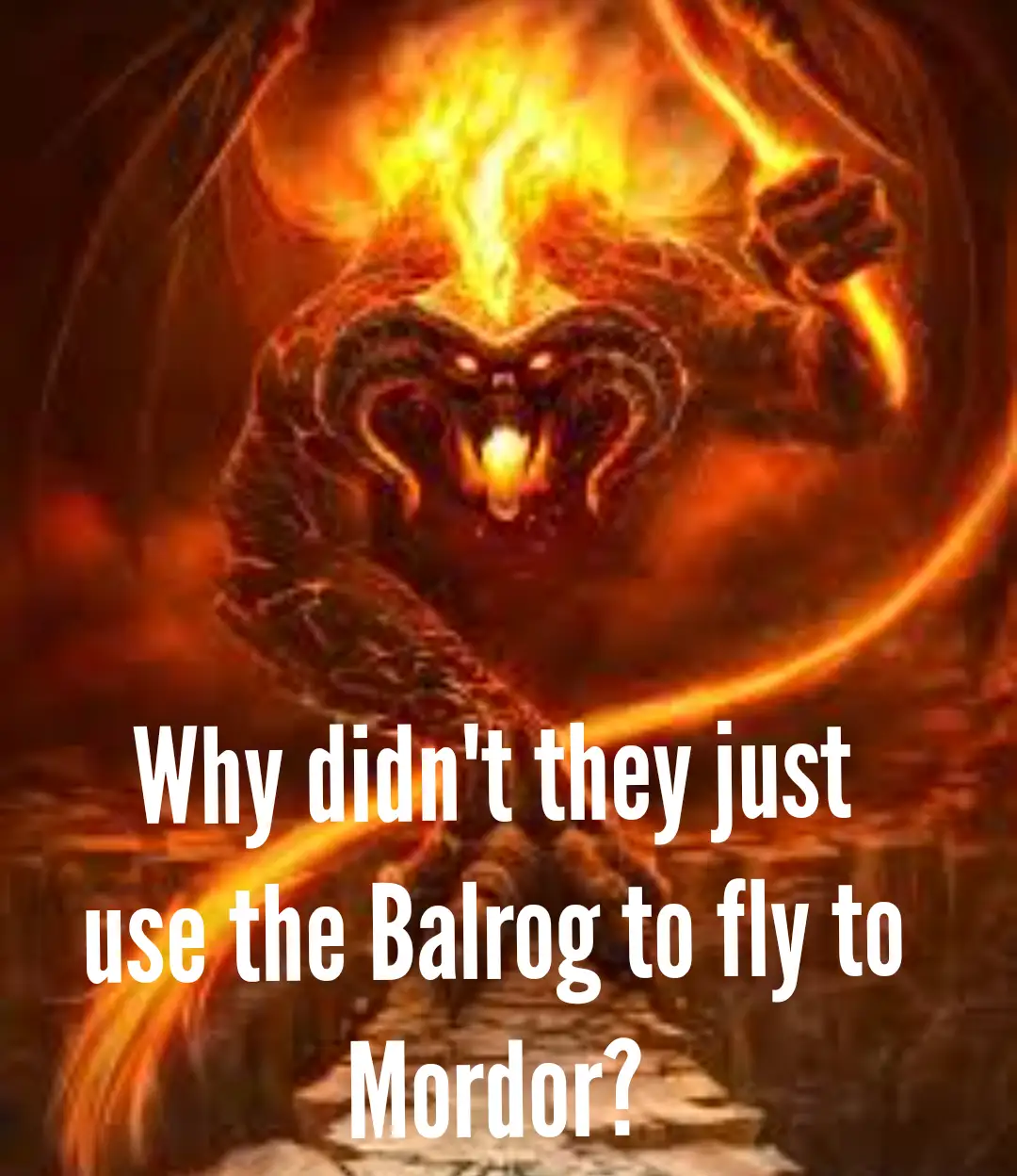 A menacing, fiery Balrog from Middle-earth is depicted with glowing eyes, a flaming head, and a whip-like tail, standing on…