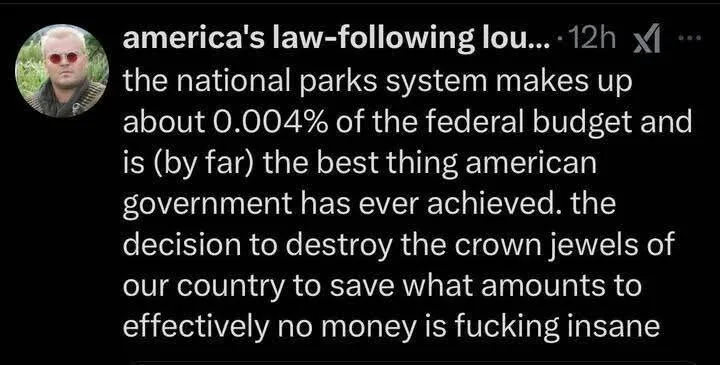 A screenshot of a social media post by 'america's law-following lou...' showing a man in sunglasses and a jacket in a…