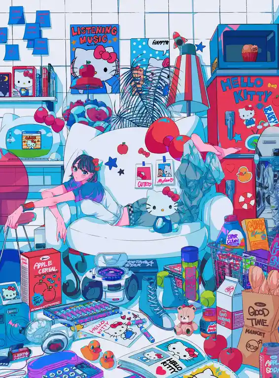A vibrant, cluttered room filled with Hello Kitty-themed decor, a young girl lounges on a white couch surrounded by toys…