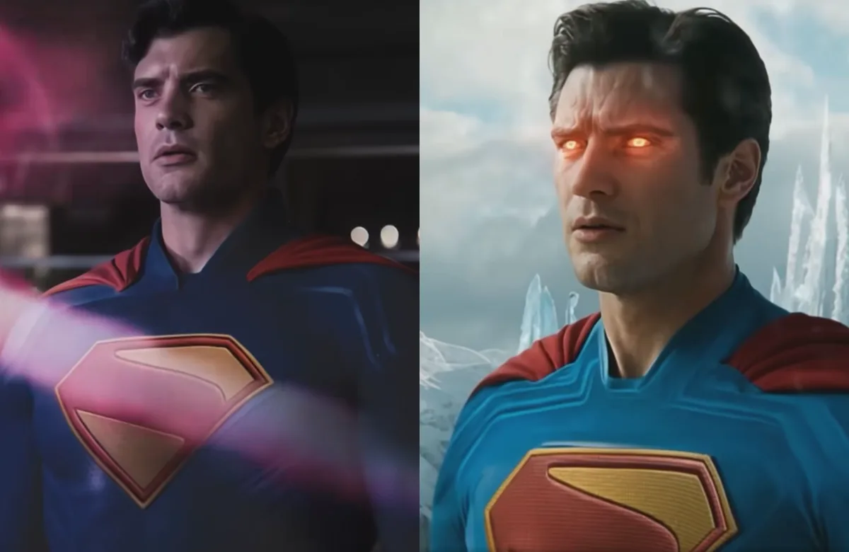 The image is a side-by-side comparison of Superman, portrayed by Henry Cavill, in two different scenes. On the left, he…