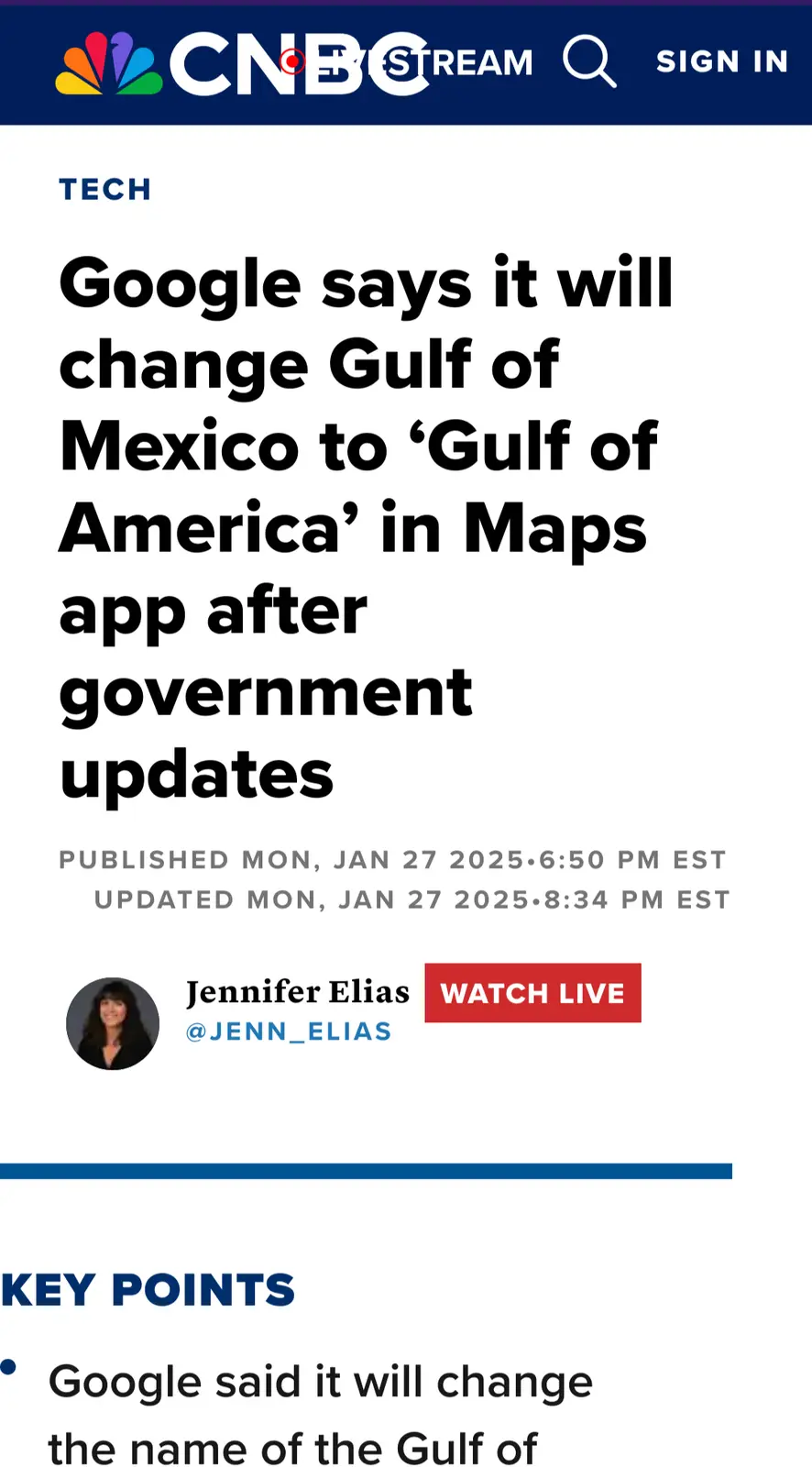 A screenshot of a CNBC Tech news article headline announcing Google's planned name change for the Gulf of Mexico to 'Gulf of…