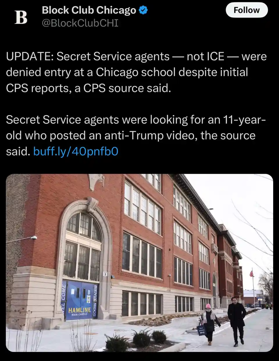 A screenshot of a Block Club Chicago tweet shows a photo of a red brick school building with a blue 'Hamline Main Campus'…