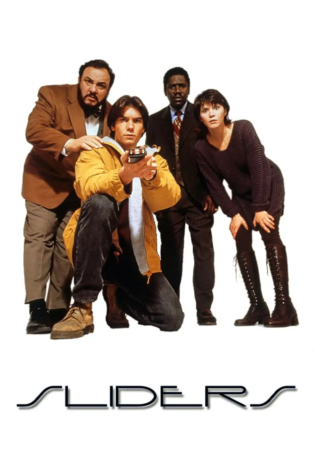 A promotional poster for the TV show 'Sliders' features four main characters posing against a white background. The central…