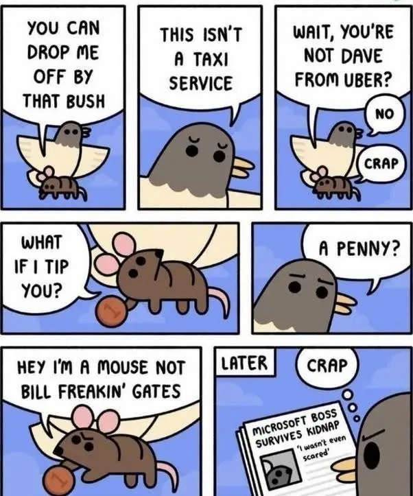 A six-panel comic strip featuring a cartoon mouse being transported by a bird. The mouse asks to be dropped off, the bird…