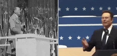 A split-screen meme shows two men at podiums, one in black and white (Adolf Hitler) and one in color (Elon Musk), both…
