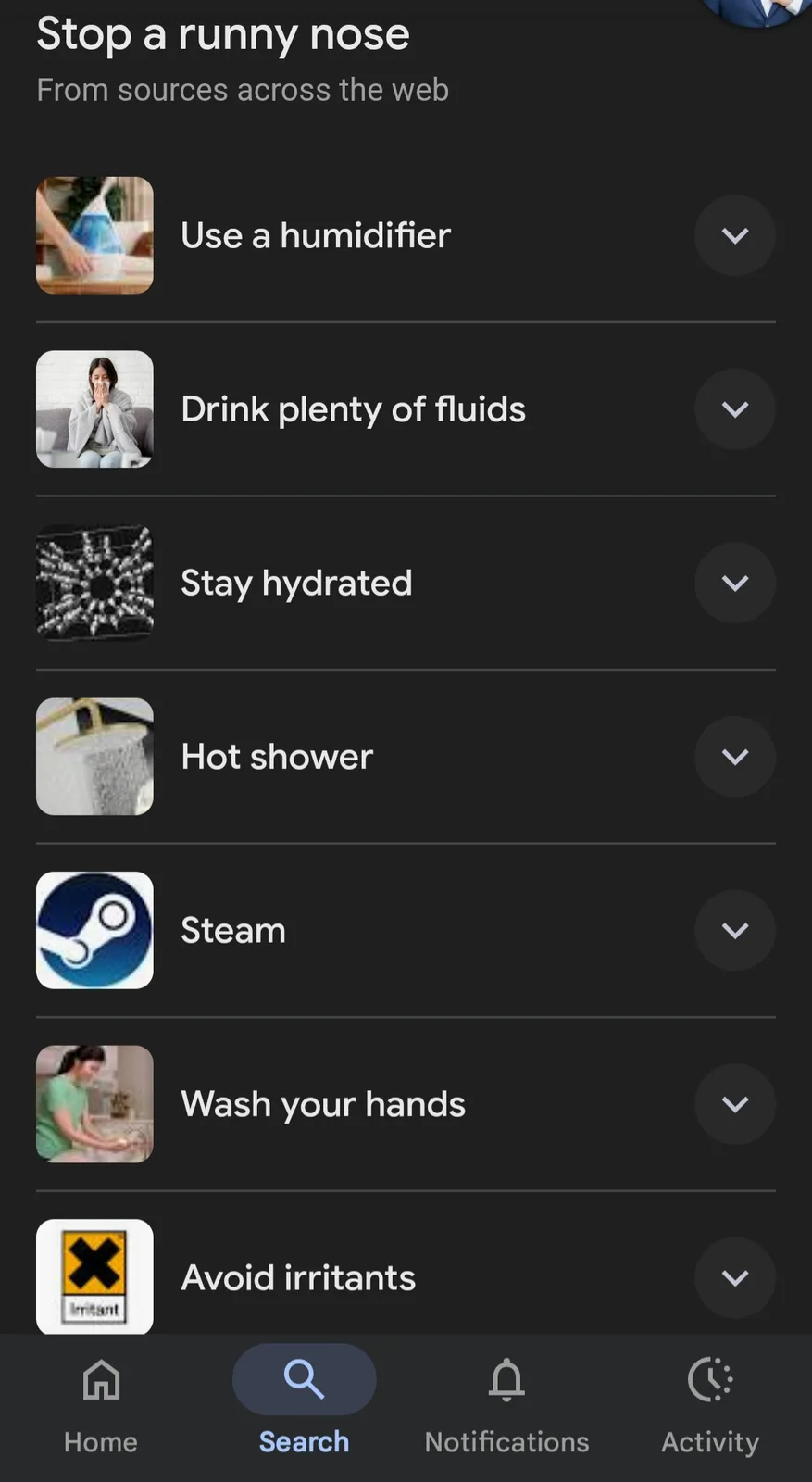 A screenshot of a mobile app interface listing remedies for a runny nose, including 'Use a humidifier,' 'Drink plenty of…