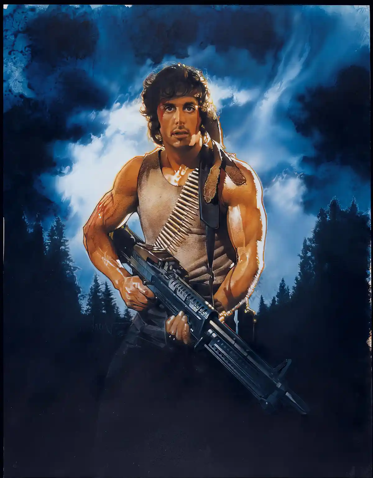 A muscular man with curly hair, wearing a tank top and a bullet belt, holds a large black machine gun against a backdrop of…
