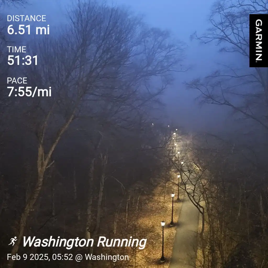 A Garmin fitness tracker screenshot showing a 6.51-mile run completed in 51 minutes and 31 seconds at a pace of 7:55 per…