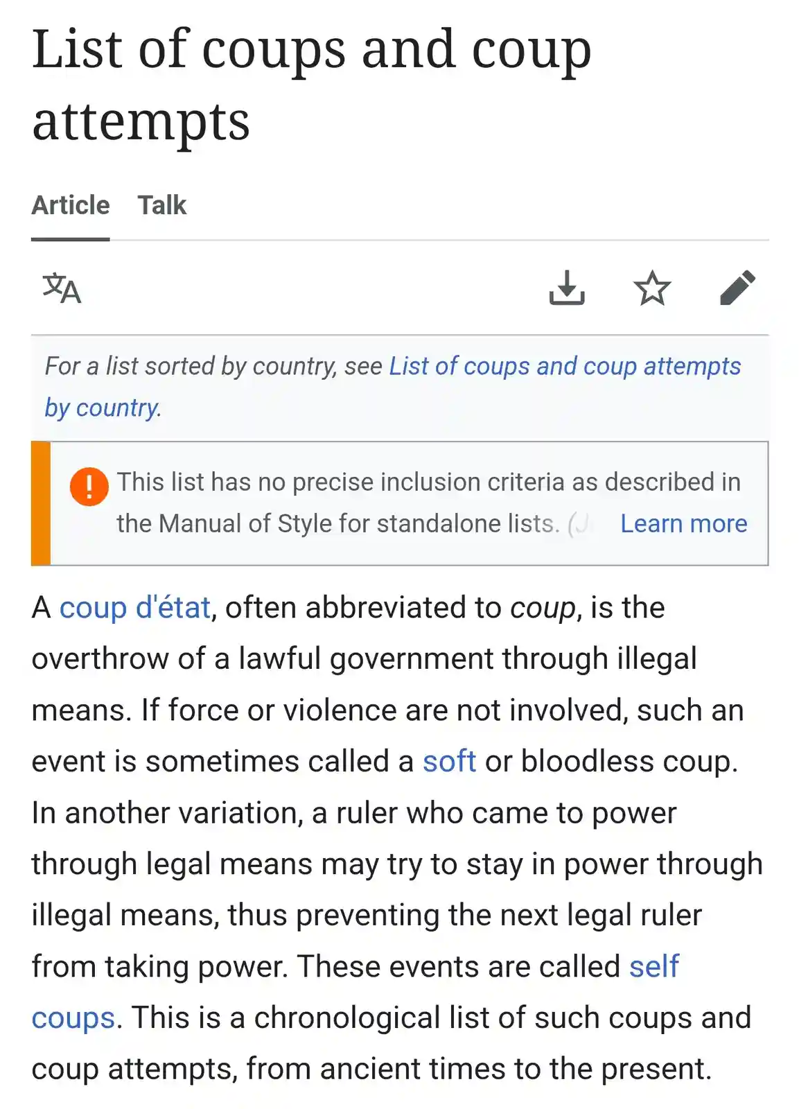 The image shows a Wikipedia article titled 'List of coups and coup attempts' with a prominent orange warning box containing…