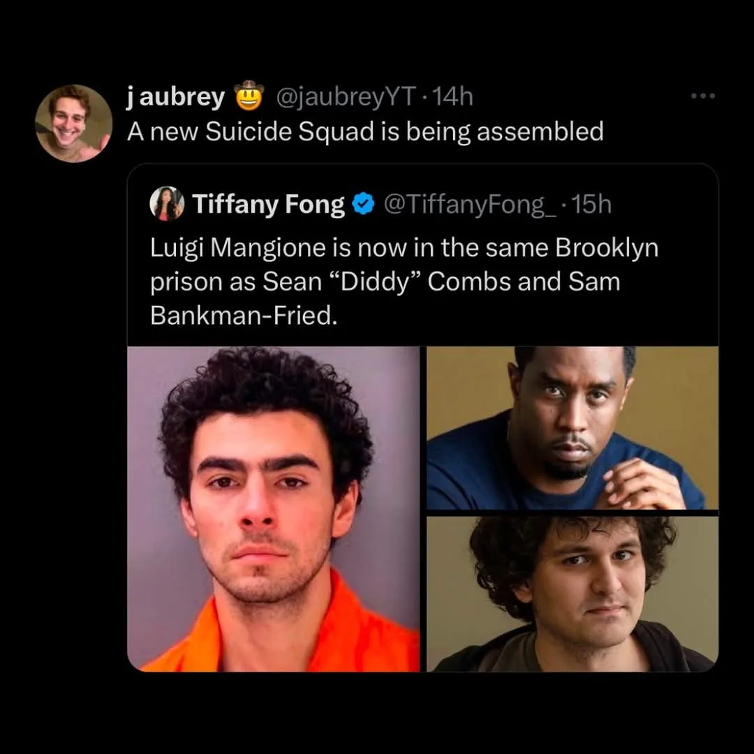 The image displays a three-panel collage featuring mugshot-style photos of Luigi Mangione in an orange jumpsuit, alongside…