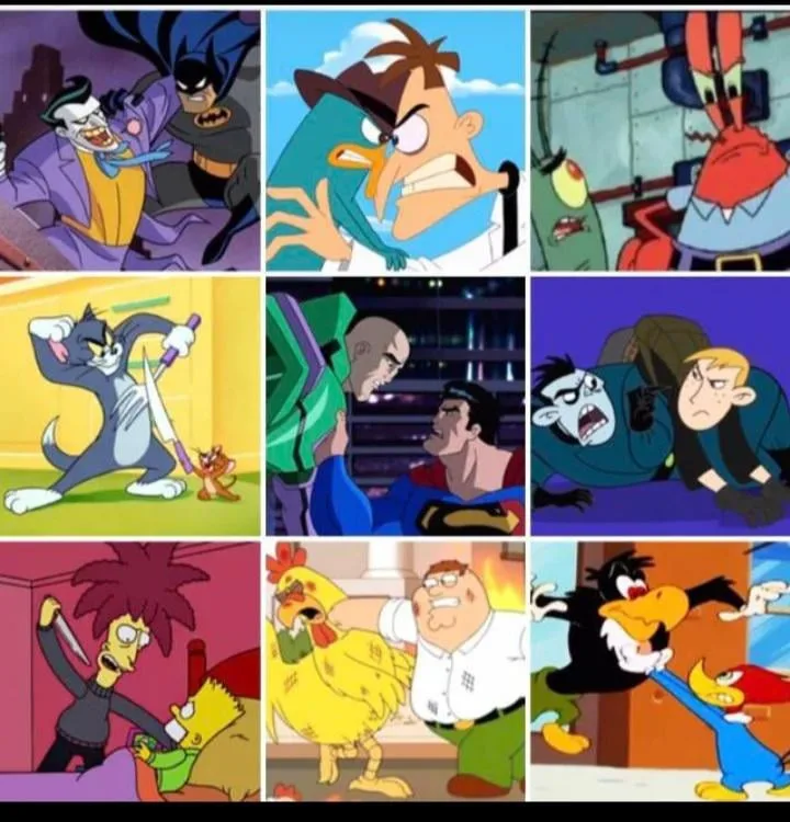 A 3x3 grid of animated cartoon scenes showing various villains holding their respective heroes or victims in aggressive or…