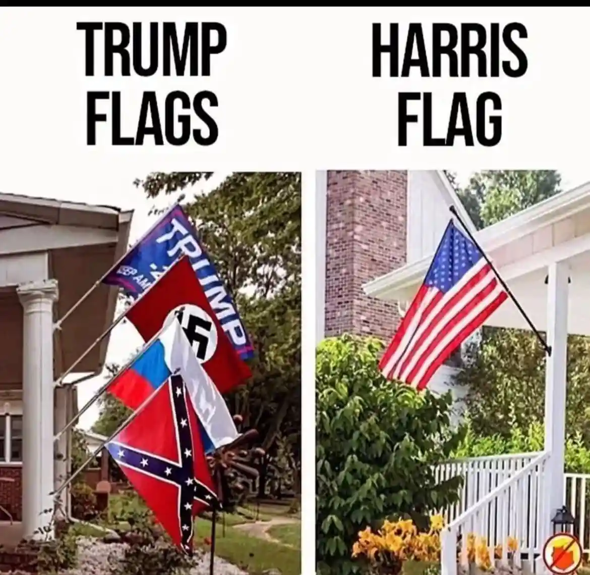 The image is split into two panels. The left panel shows a house with multiple flags, including a Trump flag, a Confederate…