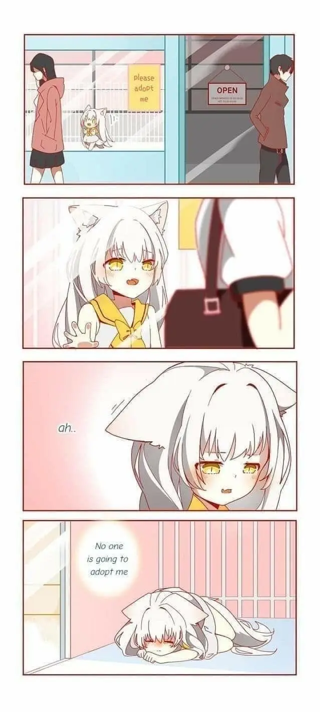 A four-panel anime comic shows a white-haired cat-eared girl in a pet shop. In the first panel, she's behind a glass cage…