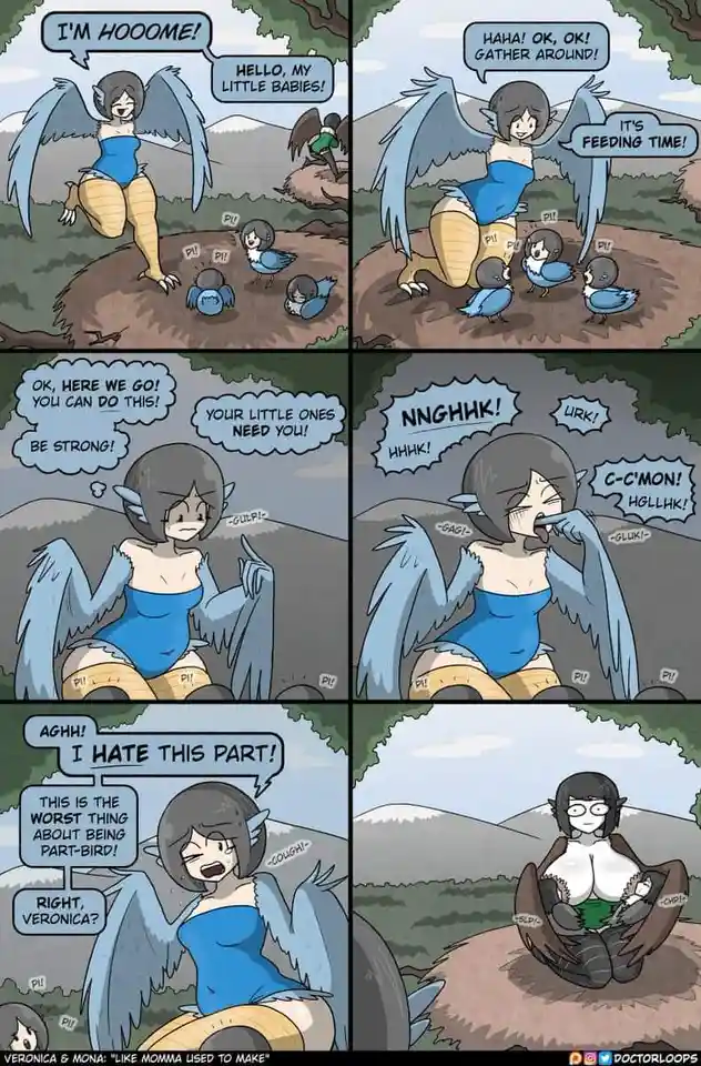 A six-panel comic strip shows a winged, bird-like female character enthusiastically feeding her chicks, then dramatically…