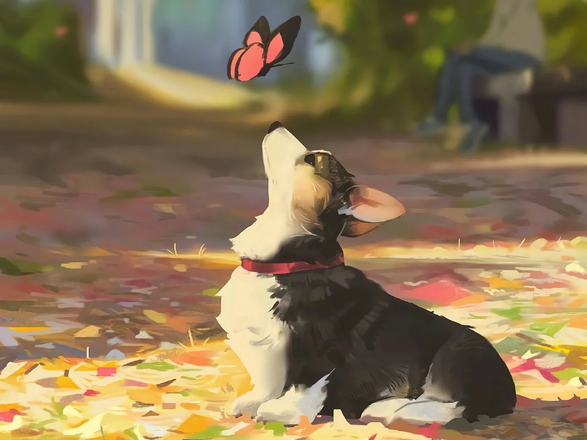 A black and white dog with a red collar sits on colorful autumn leaves, looking up at a pink and black butterfly hovering…