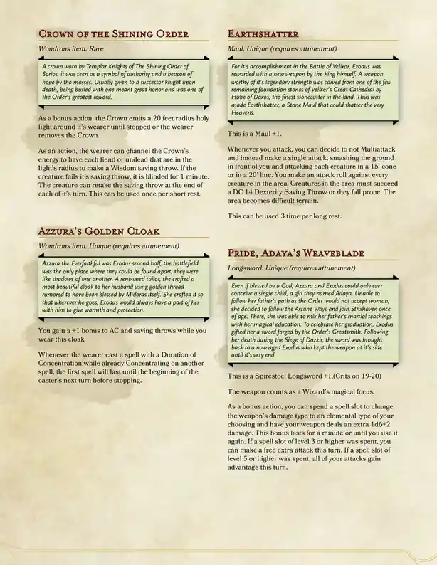 The image displays four fantasy game items—Crown of the Shining Order, Earthshatter, Azzura's Golden Cloak, and Pride…