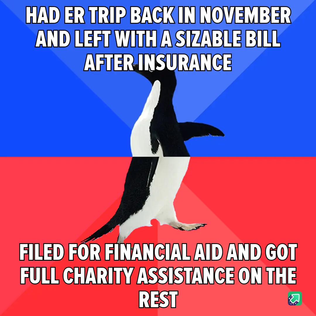 A penguin stands centered against a blue and red background, with white text overlaid in two sections. The top text reads…
