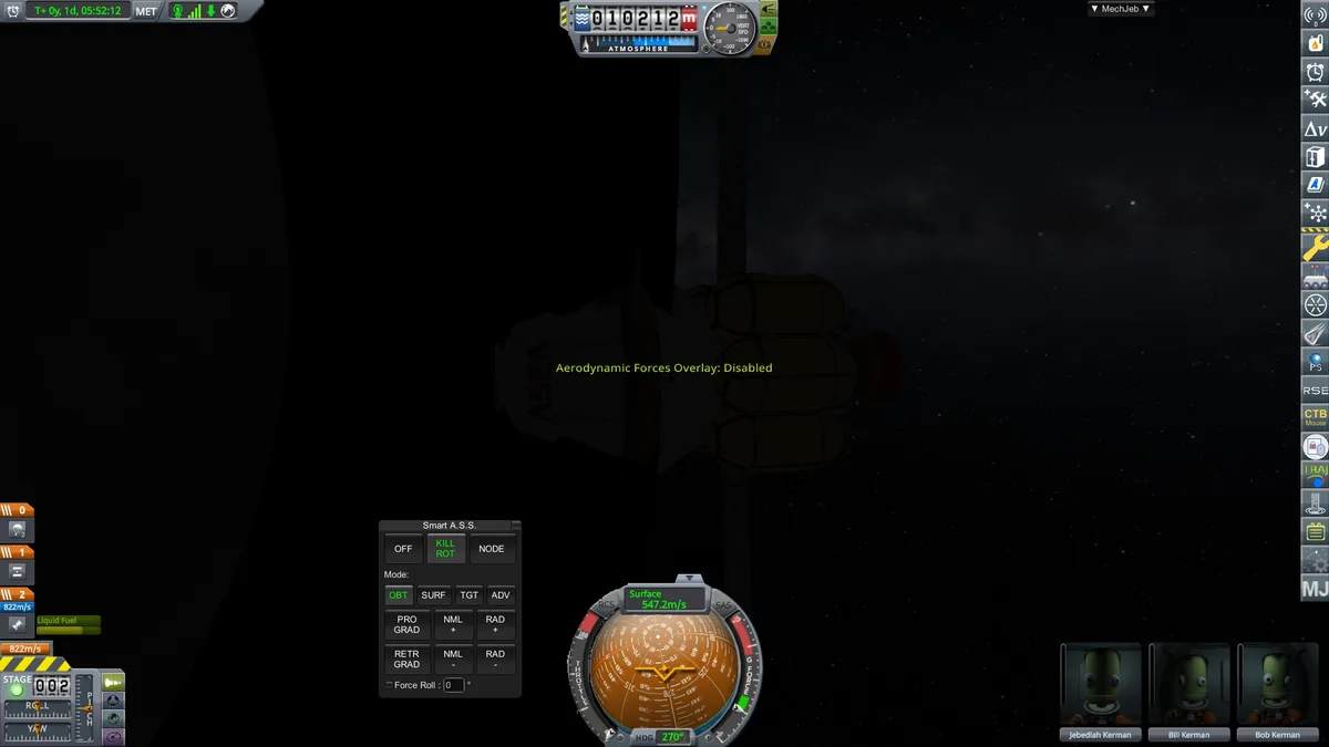 A screenshot from the game Kerbal Space Program shows a spacecraft in space with a heads-up display, including a speedometer…