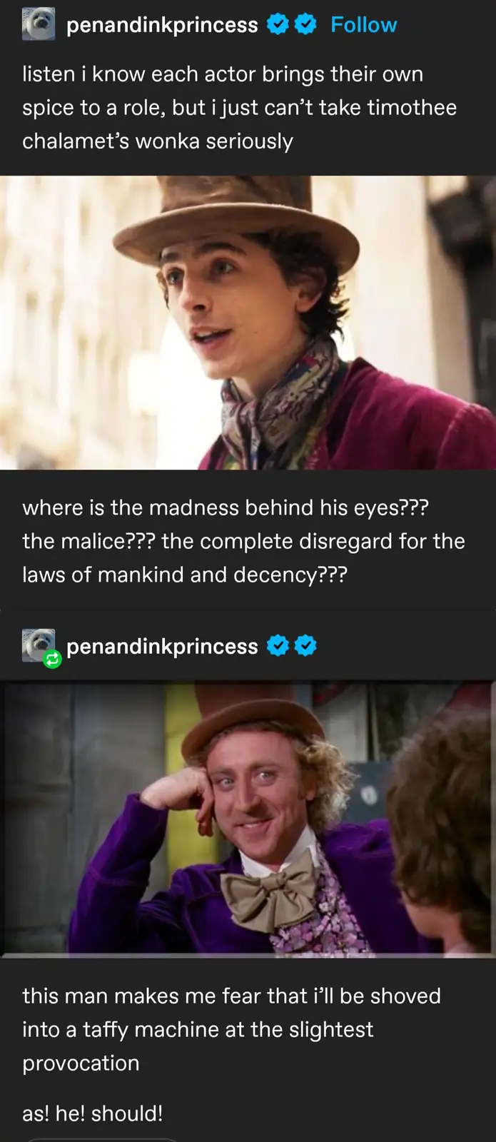 The meme features two images of the character Wonka: the top image shows Timothée Chalamet in his role, looking earnest and…