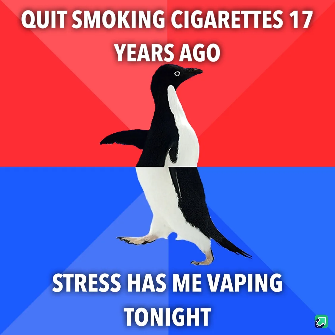 A penguin stands centered against a red and blue background, with white text above it reading 'QUIT SMOKING CIGARETTES 17…