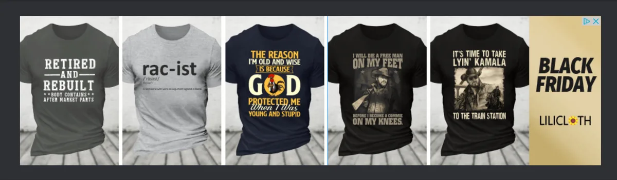 A screenshot of a Black Friday t-shirt sale from Lilicloth displays five different t-shirts with provocative or satirical…