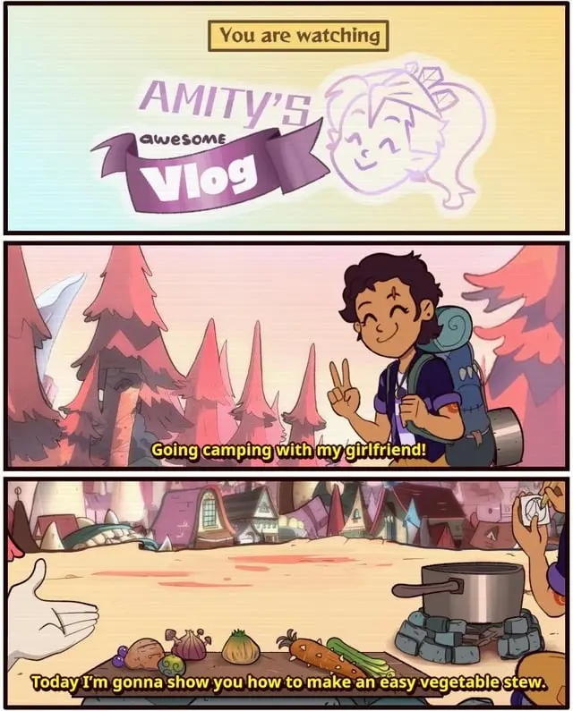 A three-panel comic strip mimicking a vlog intro. The top panel shows a title card reading 'You are watching AMITY'S awesome…