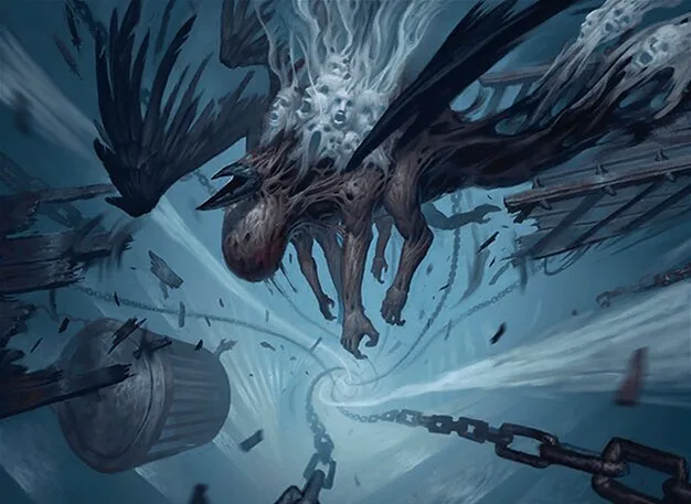 A dark, surreal illustration depicts a grotesque, winged humanoid creature with a decaying, multi-eyed head and chains…