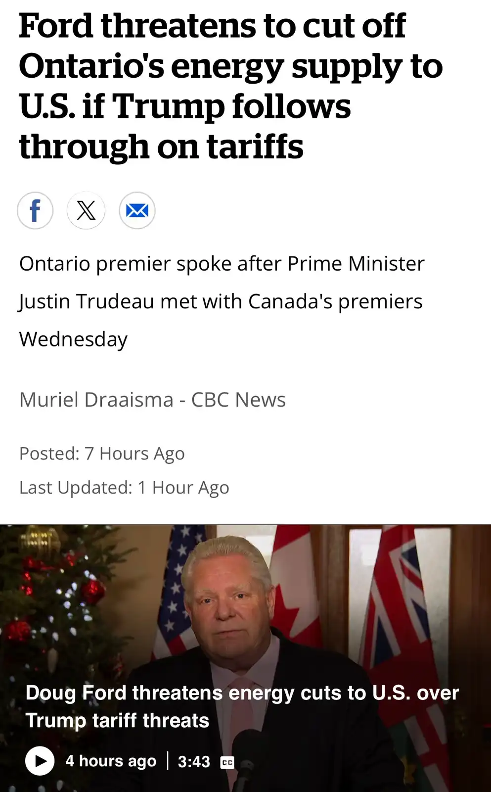 A screenshot of a CBC News article with a headline about Ontario premier Doug Ford threatening to cut off energy to the U.S…