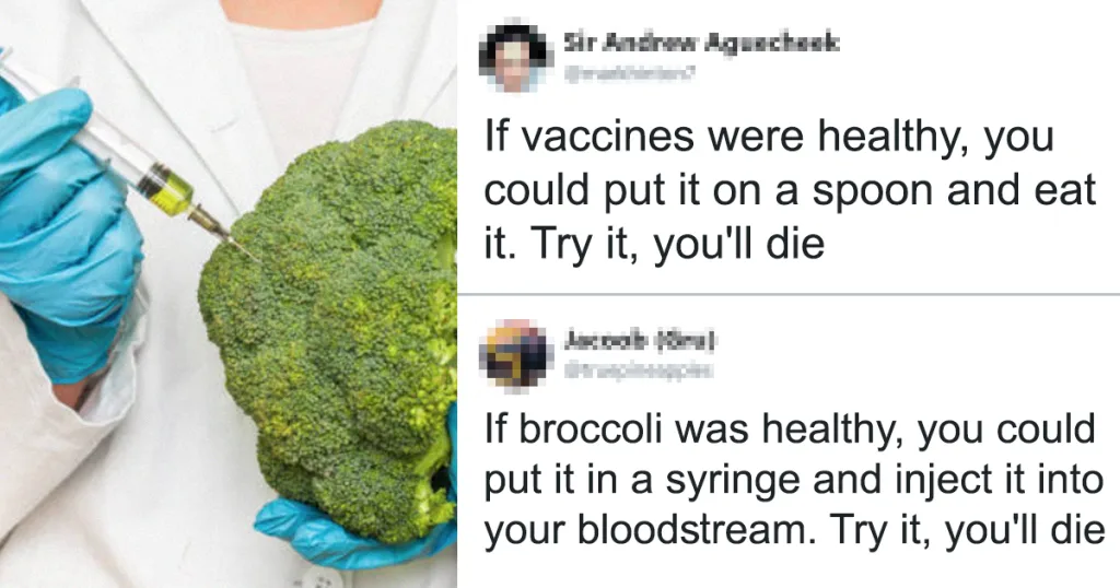 A person in a white lab coat and blue gloves holds a large green broccoli head while injecting it with a syringe. Overlaid…