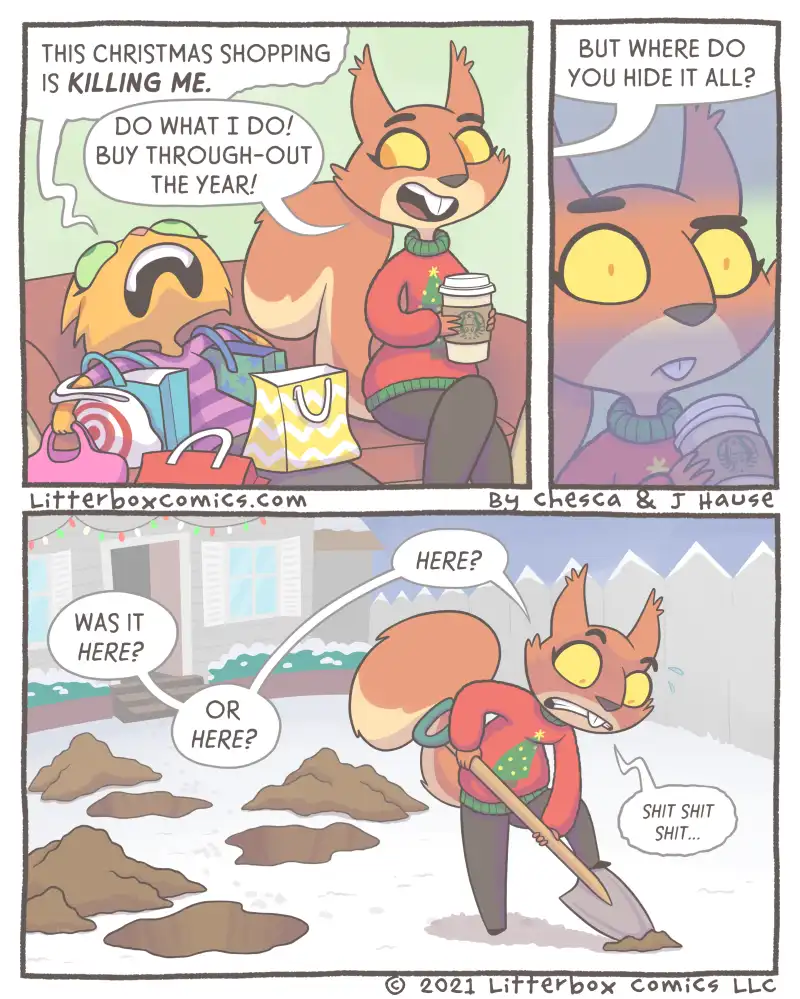 A three-panel comic strip featuring anthropomorphic squirrels. In the first panel, one squirrel, overwhelmed by shopping…