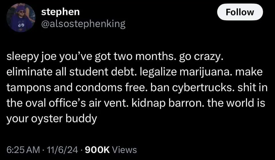 A screenshot of a tweet from user 'stephen' (@alsostephenking) with a black background and white text. The tweet humorously…
