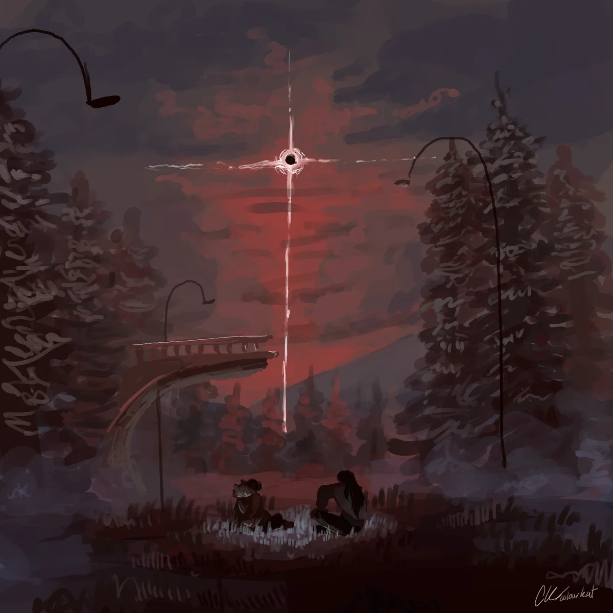 A digital painting depicts two people sitting on the ground near a bridge in a forest at dusk, with a red sky and dark…