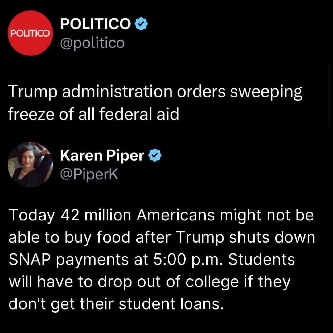 A screenshot of two tweets, one from POLITICO reporting a Trump administration freeze on federal aid, and another from Karen…
