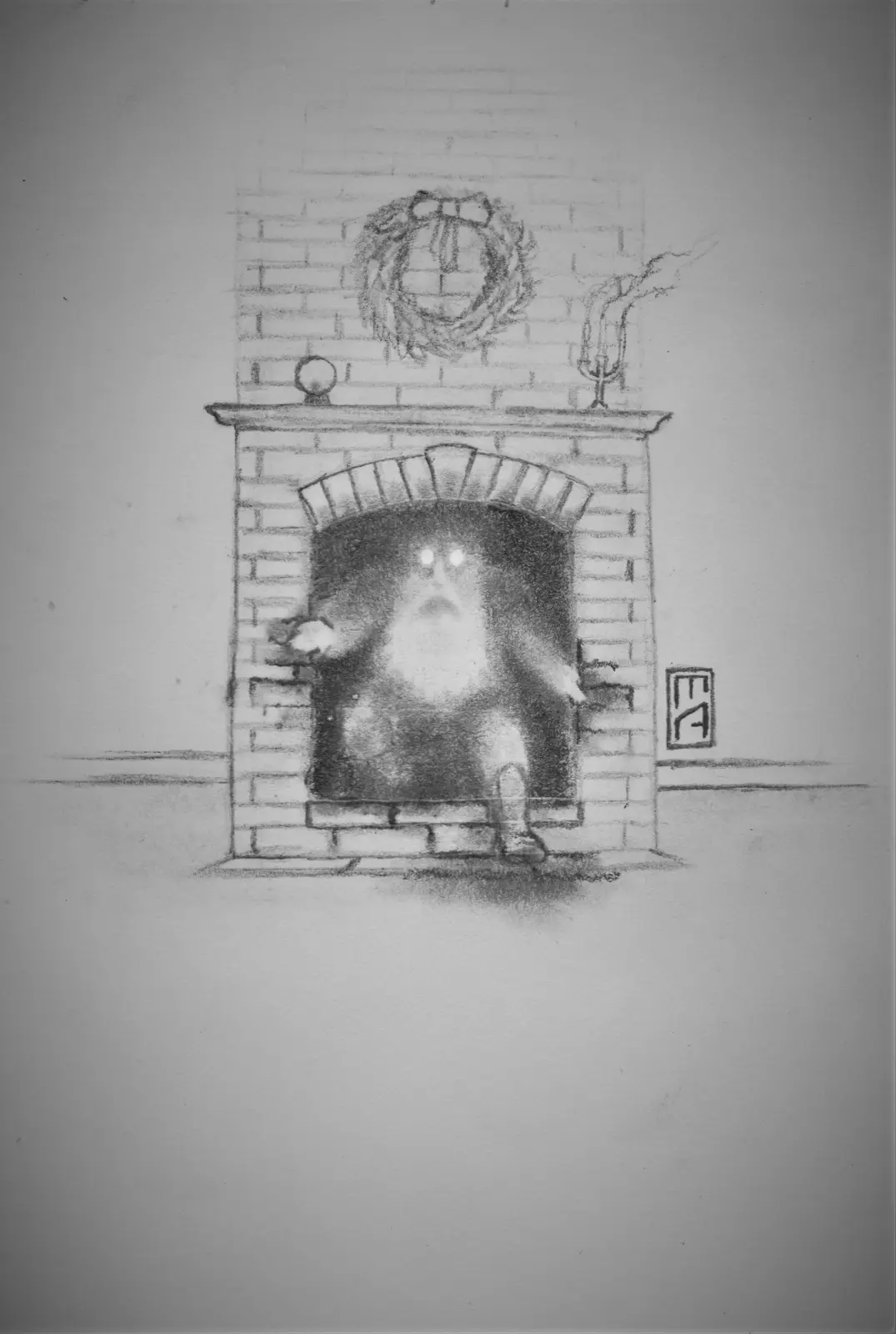 A pencil sketch shows a ghostly figure with glowing eyes and a beard emerging from a brick fireplace. Above the mantel, a…