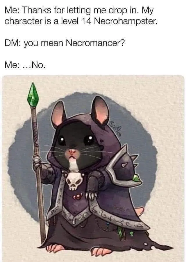 A cartoon mouse in dark, hooded robes holding a staff with a green gem and wearing a skull pendant and spiked armor, looking…