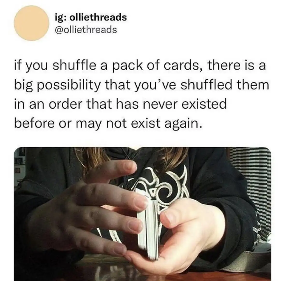 A person is shown holding and shuffling a deck of playing cards with both hands. The overlaid text reads: 'if you shuffle a…