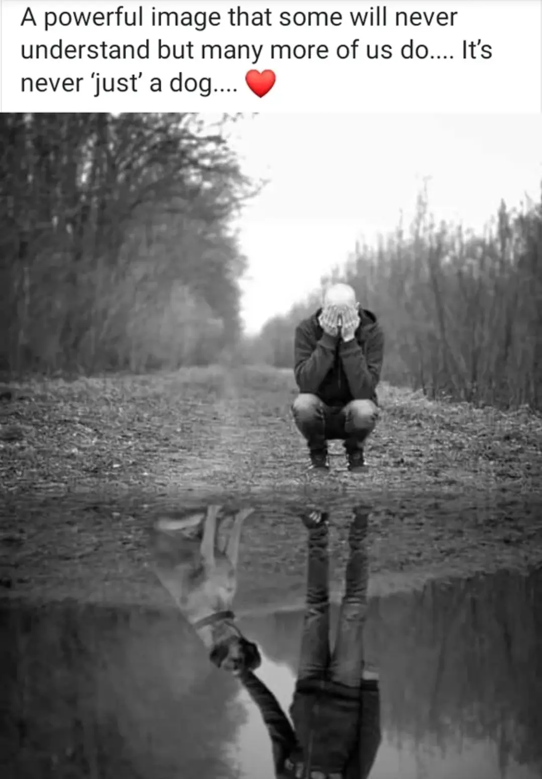 A black-and-white photo shows a person crouching on a dirt path with their face covered by their hands, while their…