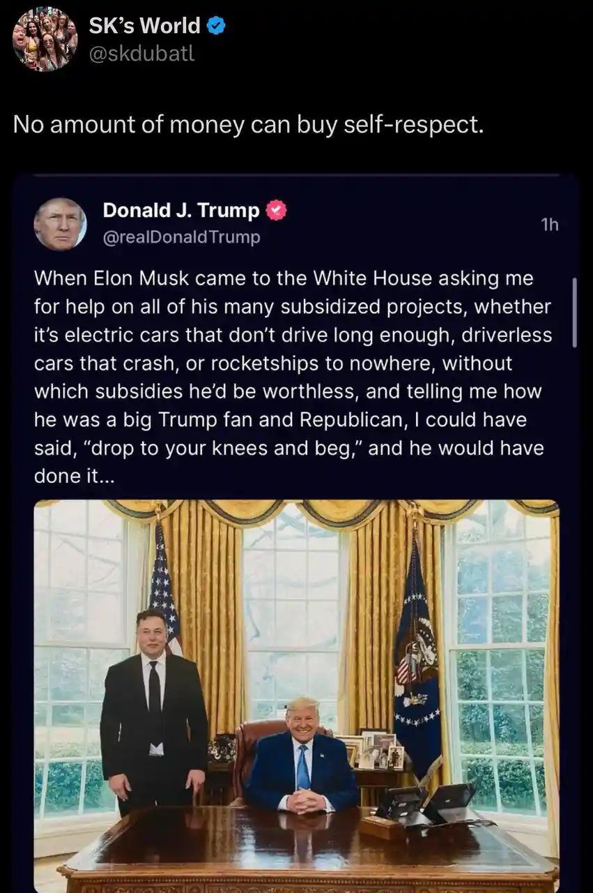 A screenshot of a tweet from Donald J. Trump's account, which claims he could have made Elon Musk 'drop to your knees and…