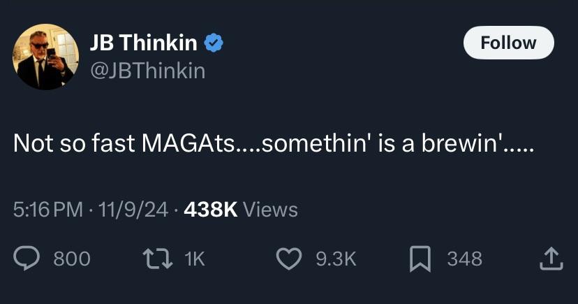 A screenshot of a Twitter post by user JB Thinkin, showing a profile picture of a man in a suit and sunglasses holding a…