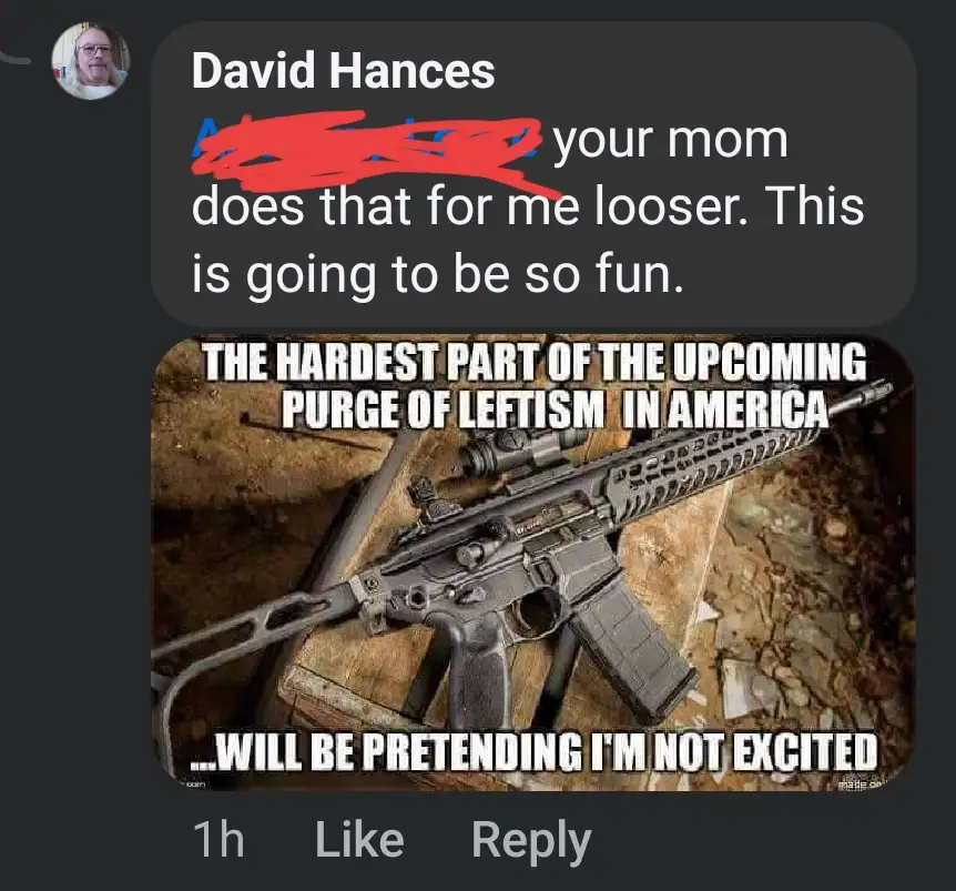 A screenshot of a social media post by 'David Hances' shows a message where the beginning is redacted, reading 'your mom…