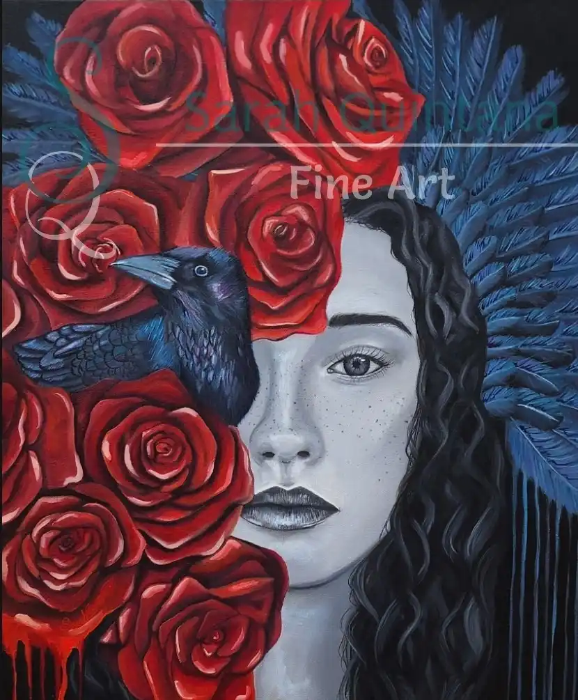 A painting of a woman's face with dark curly hair, half her face obscured by vibrant red roses and a black crow perched…