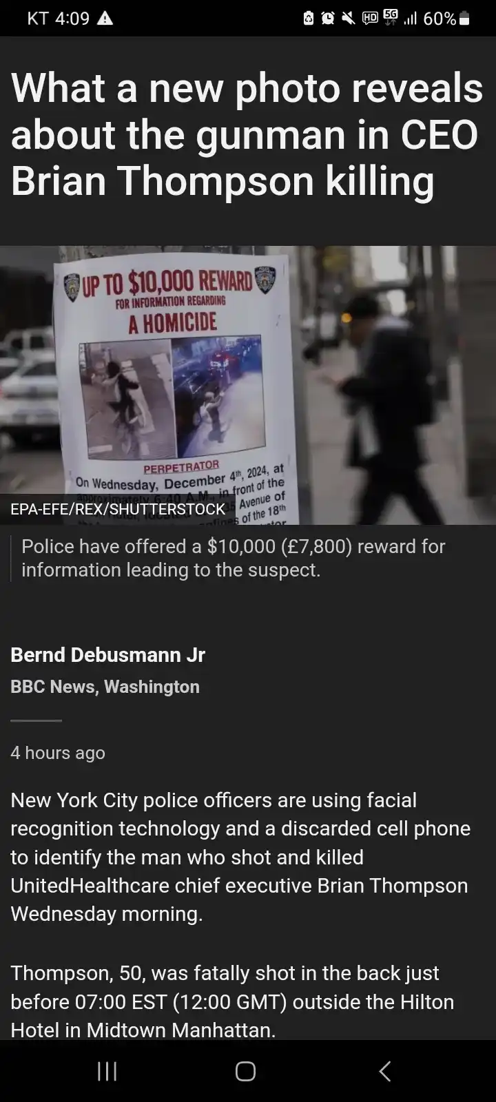 A screenshot of a news article about the murder of CEO Brian Thompson shows a police poster offering a $10,000 reward for…