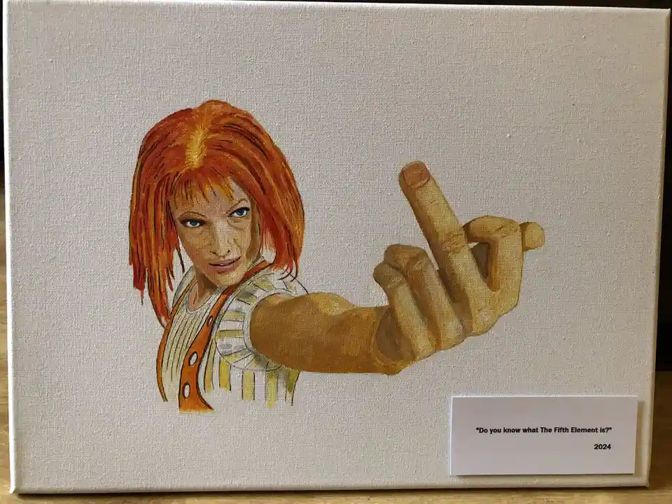 A painting on canvas depicts a woman with red hair and blue eyes, wearing a striped shirt and orange vest, pointing her…