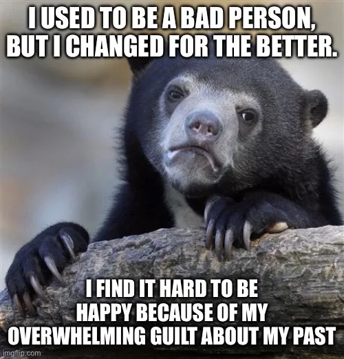 A black bear with a sad, regretful expression rests its paws on a log. The overlaid text reads: 'I USED TO BE A BAD PERSON…