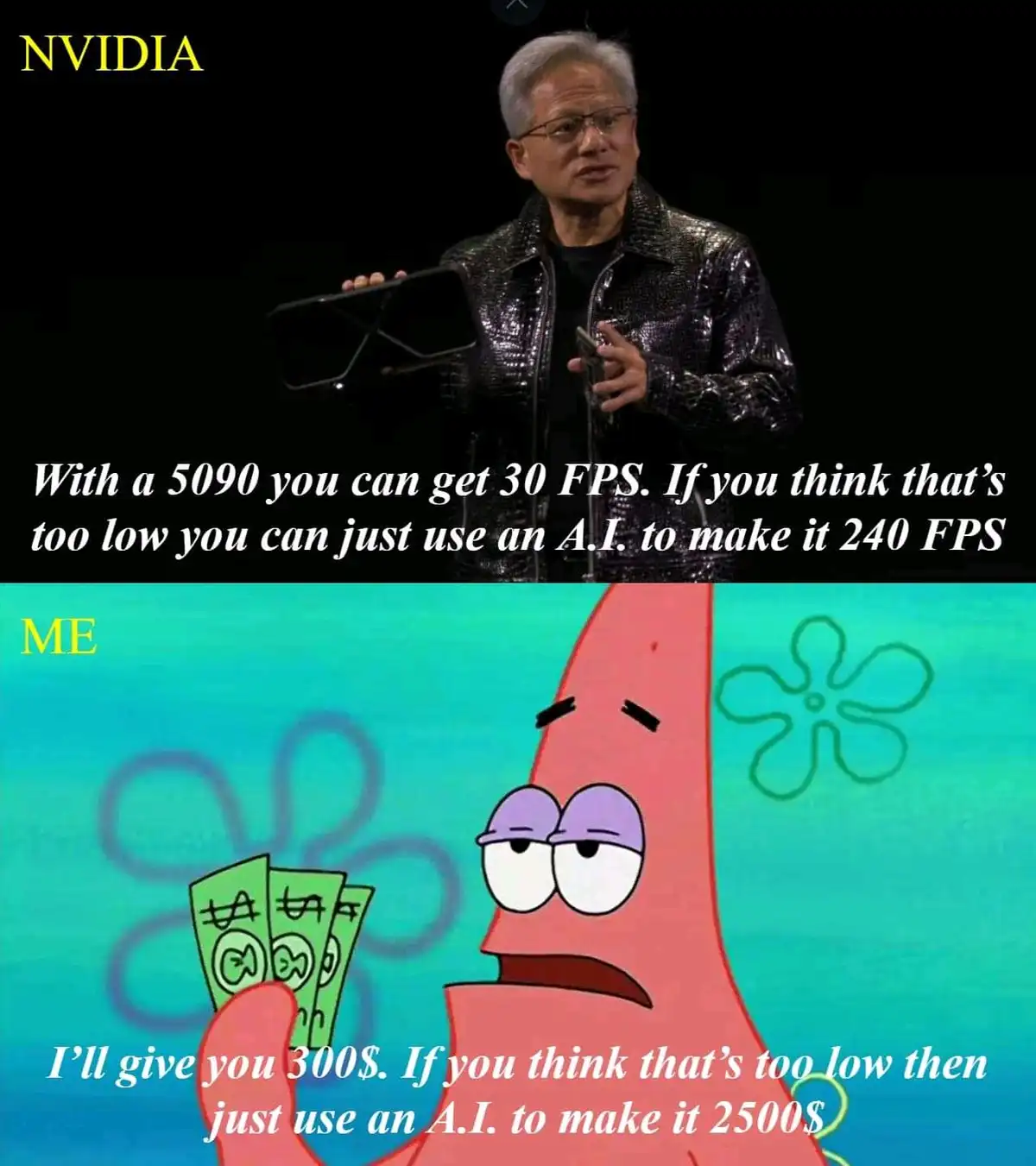 The top panel shows a man in a shiny black jacket holding a graphics card, labeled 'NVIDIA', with text claiming a 5090 can…